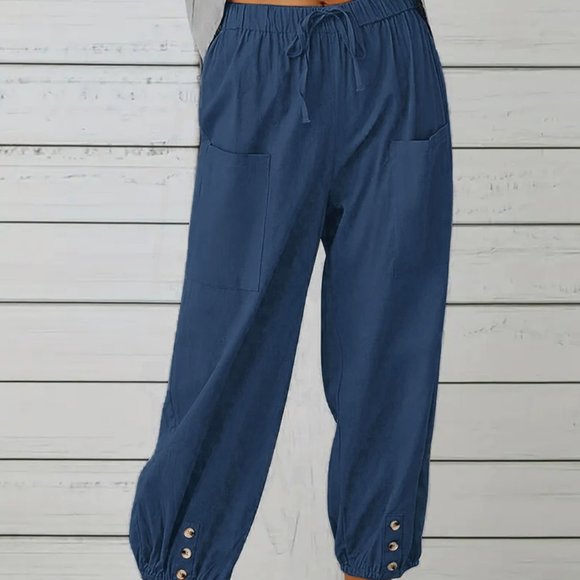 Decorative Button Cropped Pants - Blue - Picture 1 of 5